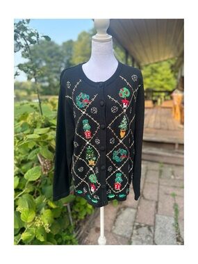 OHI Black Embroidered Holiday Button-Up Sweater Cardigan Size Large